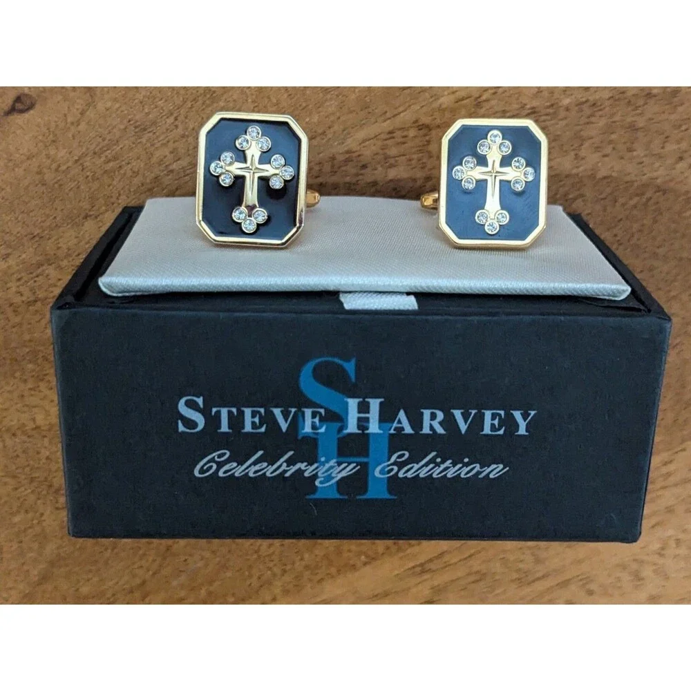 Steve Harvey Cross Design Cufflinks Gold Black French Cuffs Display Box New